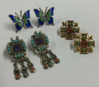 Three pairs of Mexican silver earrings inset with