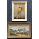 Two framed oils on boards. One depicting a cottage