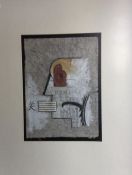 A framed and glazed abstract collage with Oriental characters. Signed to bottom right. Approx. 18cms