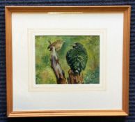 A framed and glazed oil on board depicting birds s