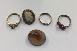 Two gem set rings together with a brooch etc. Appr