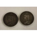 Two Victorian silver Crowns (coins). Approx. 56 gr