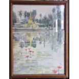 DAVID LEWIS: A framed and glazed watercolour Labelled verso,"Burmese temple and lotus flowers.at Ma