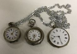 Three silver fob watches. Est. £25 - £35