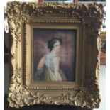 A gilt framed watercolour of a lady. Possibly 18th/19th century in the style of Henry Eldridge. Appr