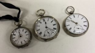Three silver fob watches. Est. £25 - £35.