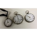 Three silver fob watches. Est. £25 - £35.