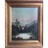 large gilt framed oil on canvas depicting a mountain scene with ruin. Apparently unsigned. Approx.