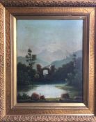 large gilt framed oil on canvas depicting a mountain scene with ruin. Apparently unsigned. Approx.