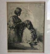 A framed and glazed print of a picture by Gerald Lesley Brockhurst depicting two ladies. Approx. 15