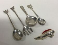 A modern silver caddy spoon together with a pin cu