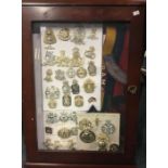 A framed and glazed display cabinet containing cap