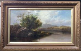 A gilt framed oil painting depicting a fishing sce
