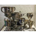 A collection of silver mounted trophy cups. Approx