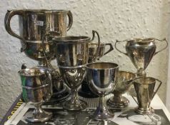A collection of silver mounted trophy cups. Approx