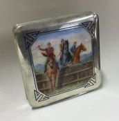 A silver and enamelled cigarette case with horse r