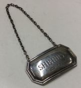 A small silver wine label for 'Sherry'. Birmingham