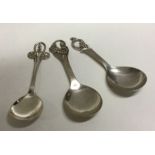 Three Danish silver caddy spoons. Approx.18 grams. E