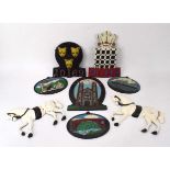 A group of metalwares including two insurance plaques, tourist plaques, a pair of relief horses,