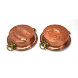 Two copper and brass finished jelly moulds, d.