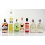 7 various bottles, 2x M&S Rhubarb Gin Liqueur Light Snow Globes 20% 70cl, 1x TW Kempton Blood