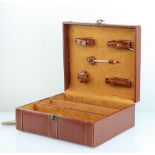 A Specialist leather 3 bottle wine transport case fitted with bottle drip collar, pourer,