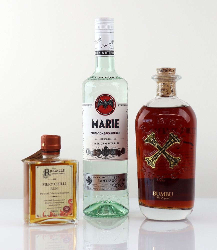 3 various bottles, 1x Bumbu The Original Rum 40% 70cl, 1x Bacardi Superior White Rum with