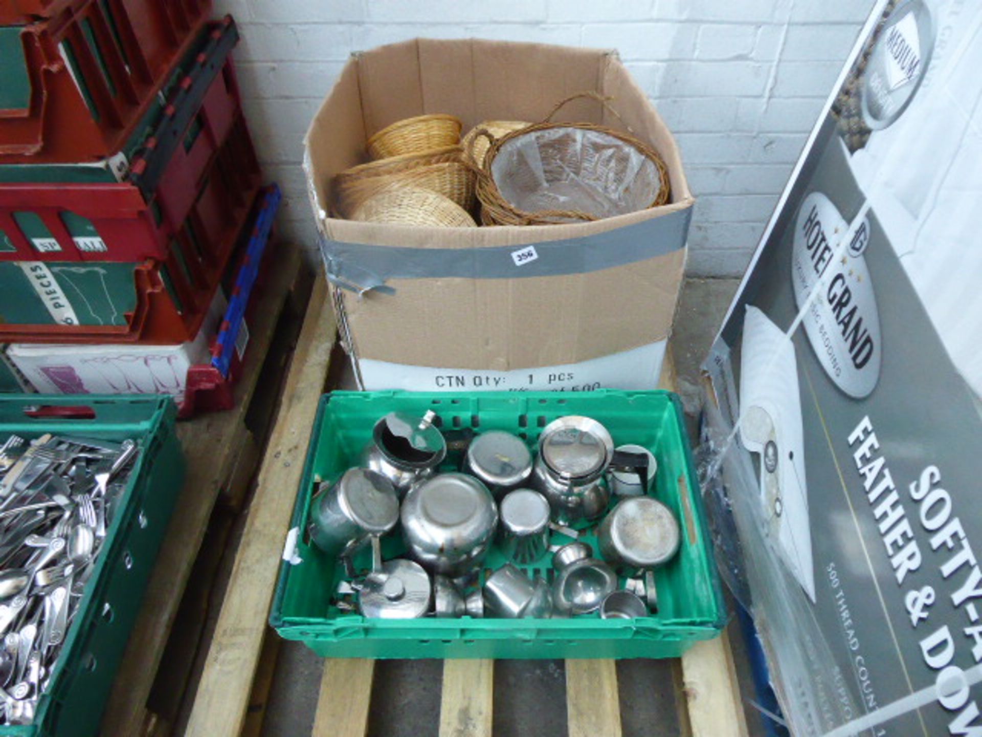 Large box of bread baskets and tray of stainless steel