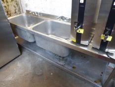 240cm Stainless steel large double bowl sink unit with taps, draining board and shelf under