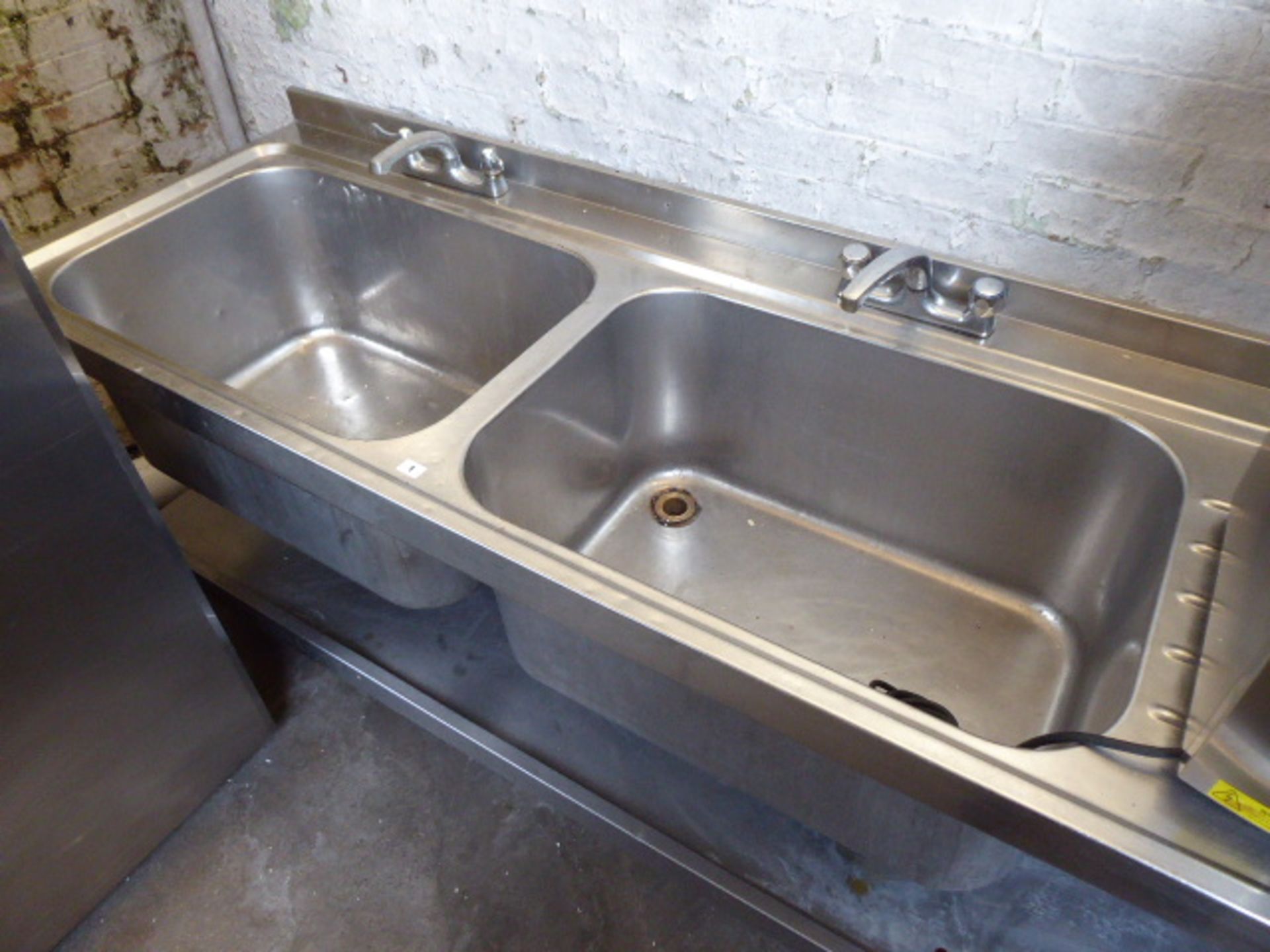 240cm Stainless steel large double bowl sink unit with taps, draining board and shelf under - Image 2 of 2