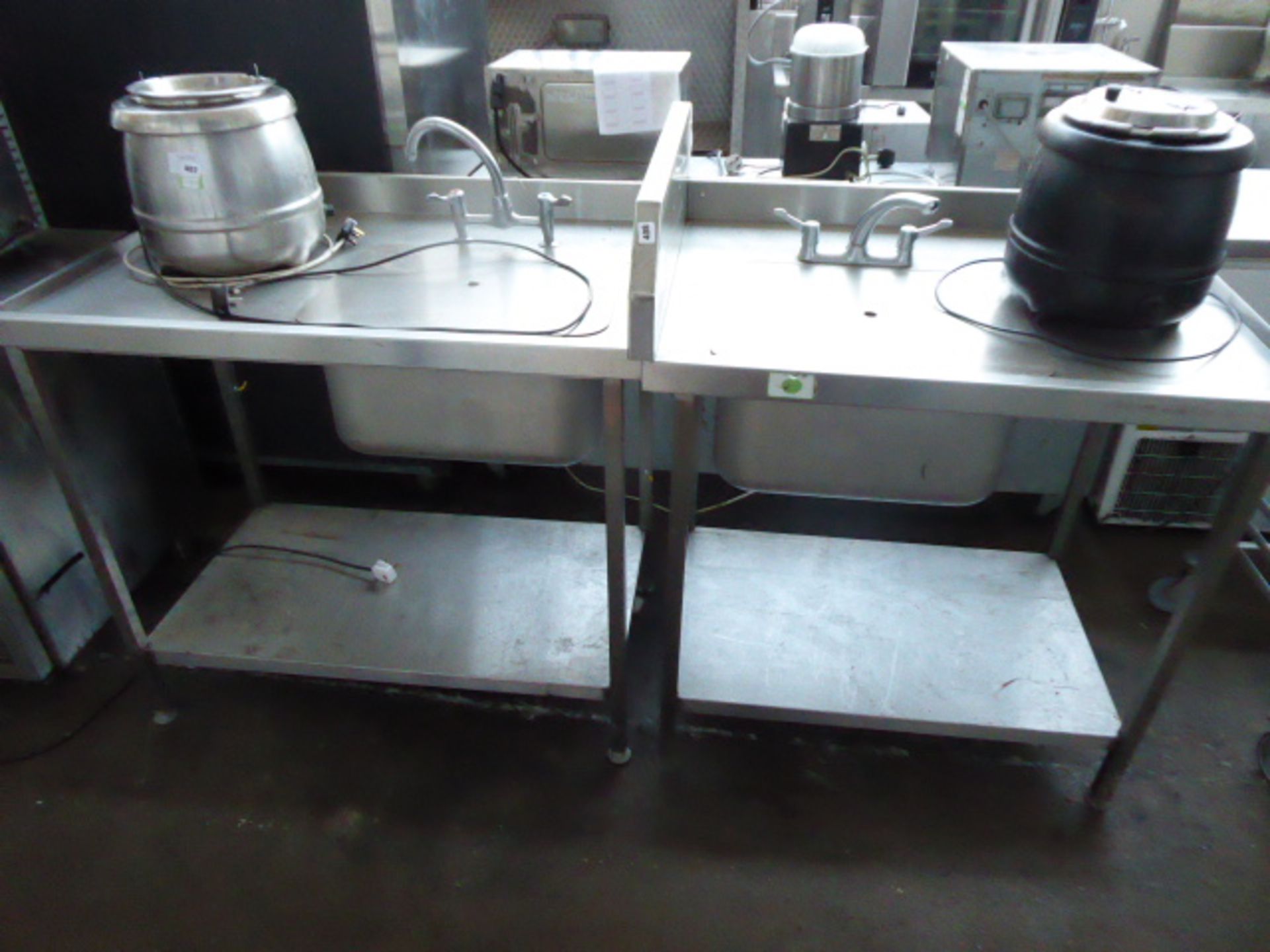 97 - 220cm 2 sided single bowl sink units with taps, draining board and shelves under