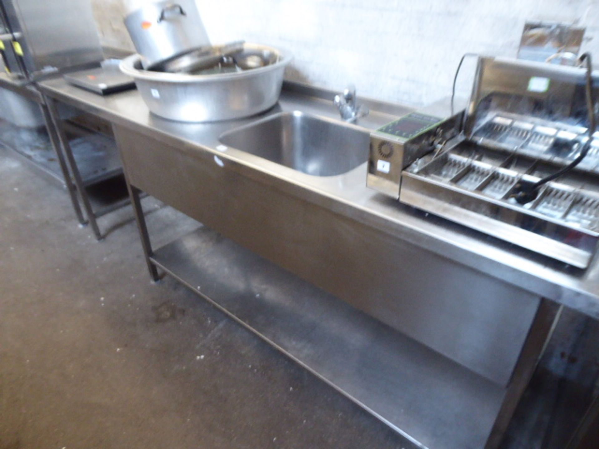 240cm stainless steel single bowl sink with taps, draining board and shelf under