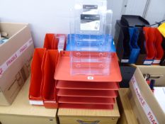 Red and blue metal paper tray plus other displays and storage