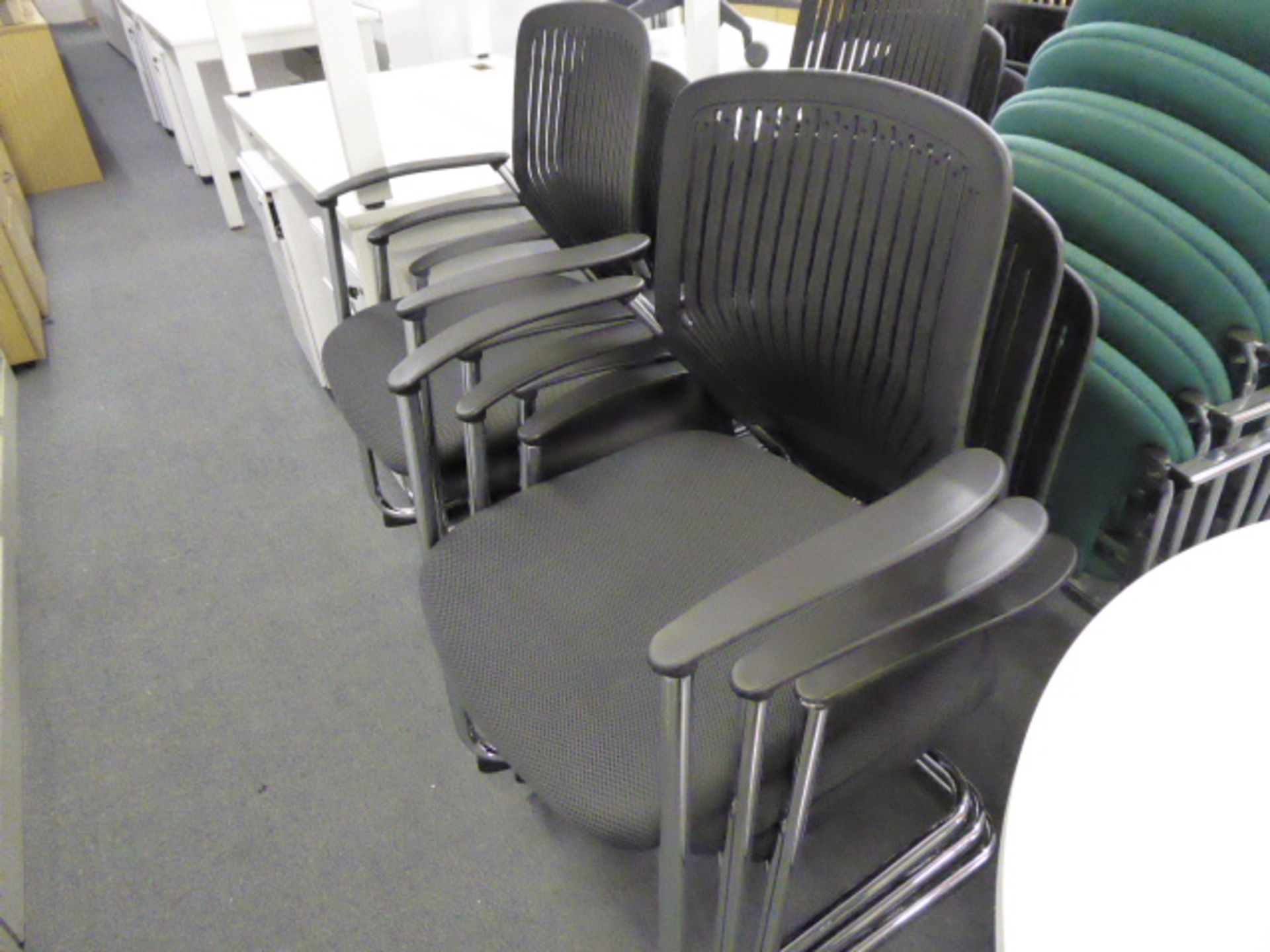 12 chrome cantilever stacking chairs with black plastic back and black cloth seats - Image 2 of 2