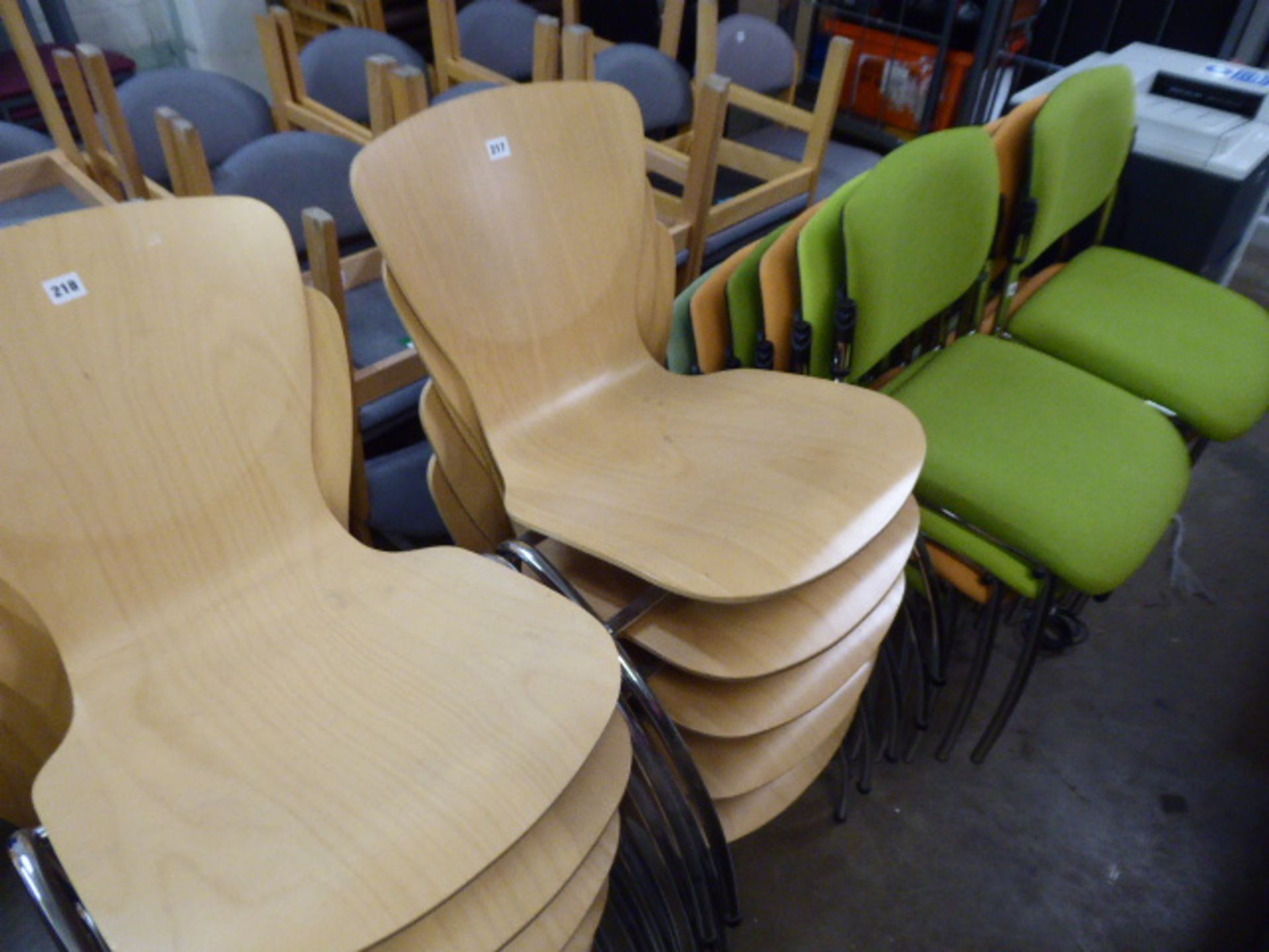 Set of 5 bent wood and chrome stacking chairs