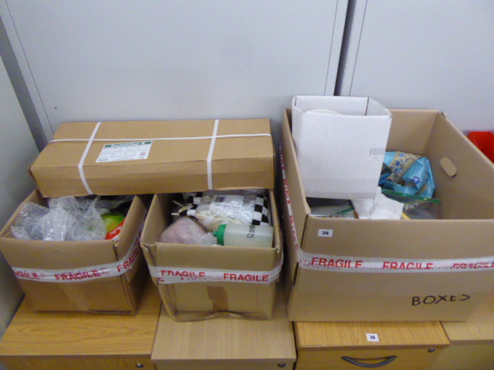 3 boxes of assorted cleaning items, crockery and kitchen items