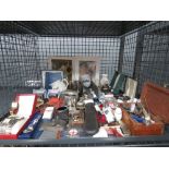 Cage containing wristwatches, lighters, prints, crestedware and a cased teaspoon set