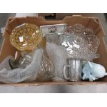 Box containing a silver plated ale mug, glass bonbon dish, moneybox and cake stand