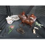 Cage containing Oriental ceramics, carved water buffalo and a hardstone horse