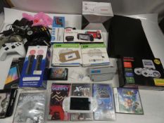 Bag containing gaming accessories/devices; PSP, PSP gamexs, various controlers, cases, etc