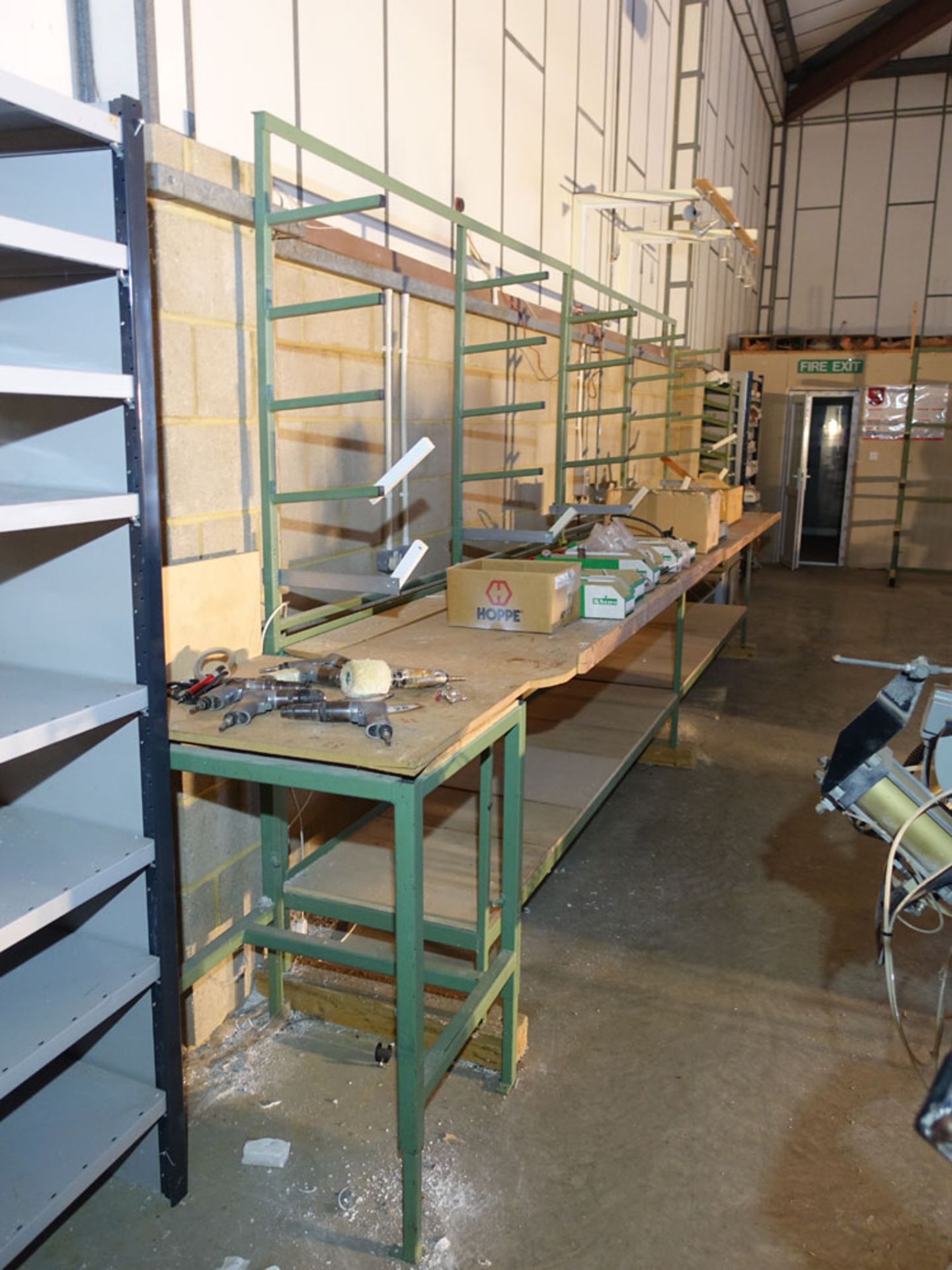 Two 2.5 metre welded steel workbenches with rear bead racking - Image 2 of 2