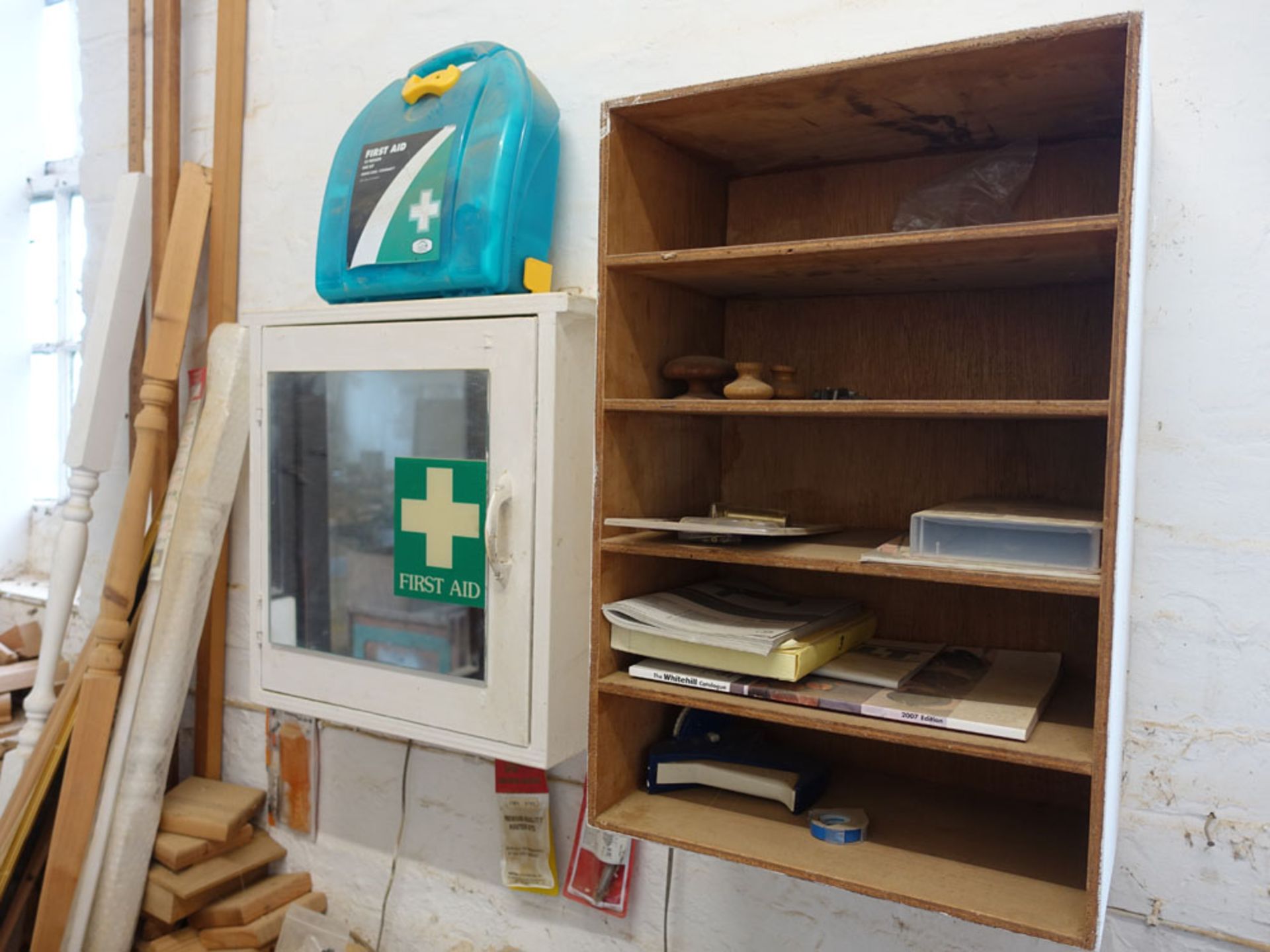 Contents of the tea room comprising folding table, first aid cabinet, Hotpoint microwave, etc - Image 5 of 7