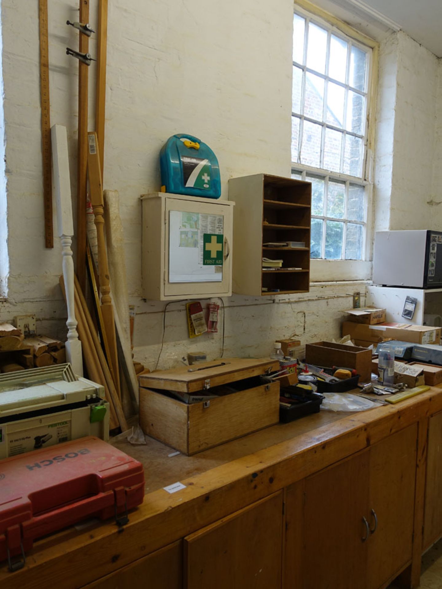 Contents of the tea room comprising folding table, first aid cabinet, Hotpoint microwave, etc - Image 7 of 7