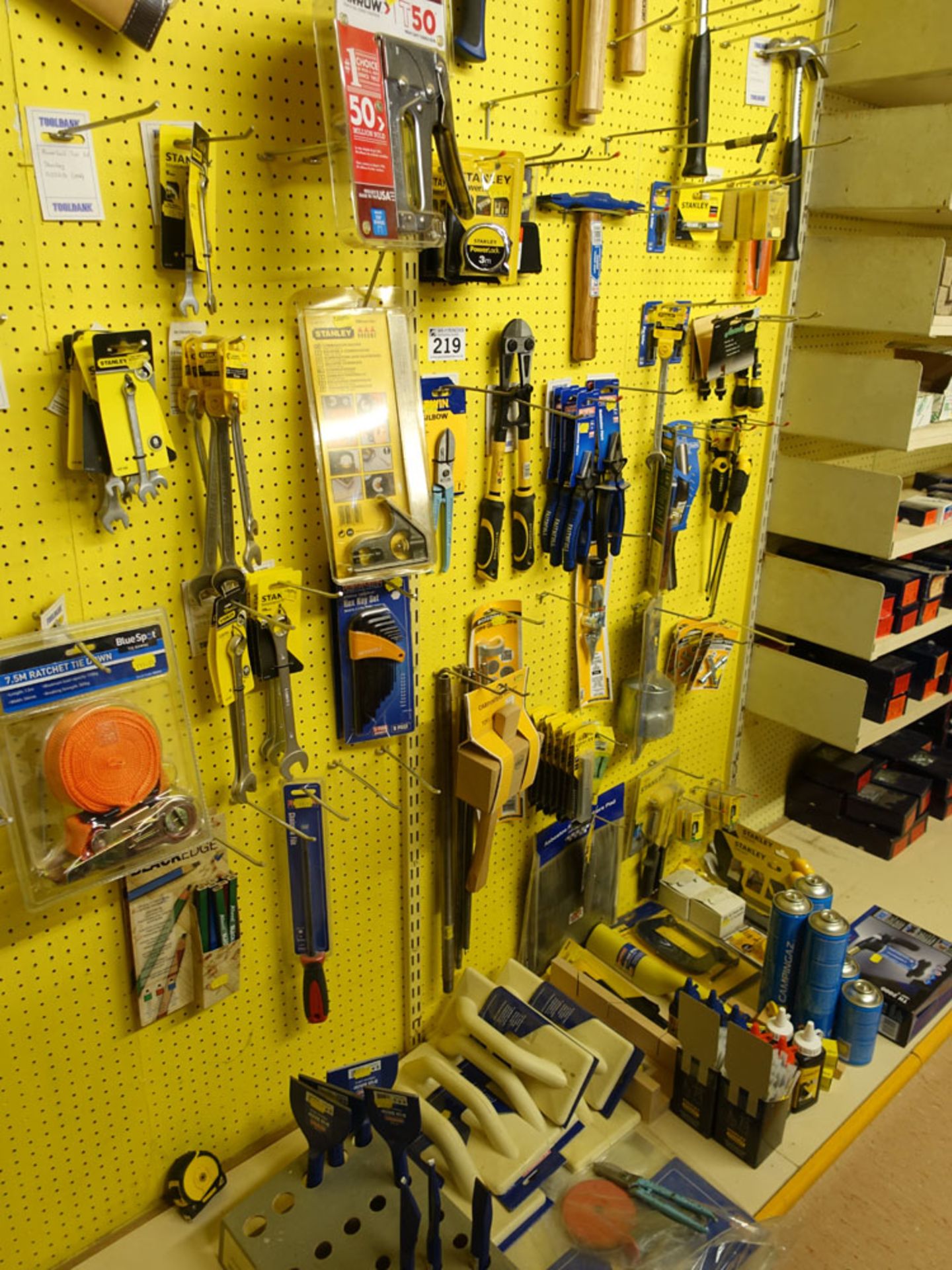 Range of hand tools including claw hammers, stapler, pliers, screwdrivers, spanners, plasterers