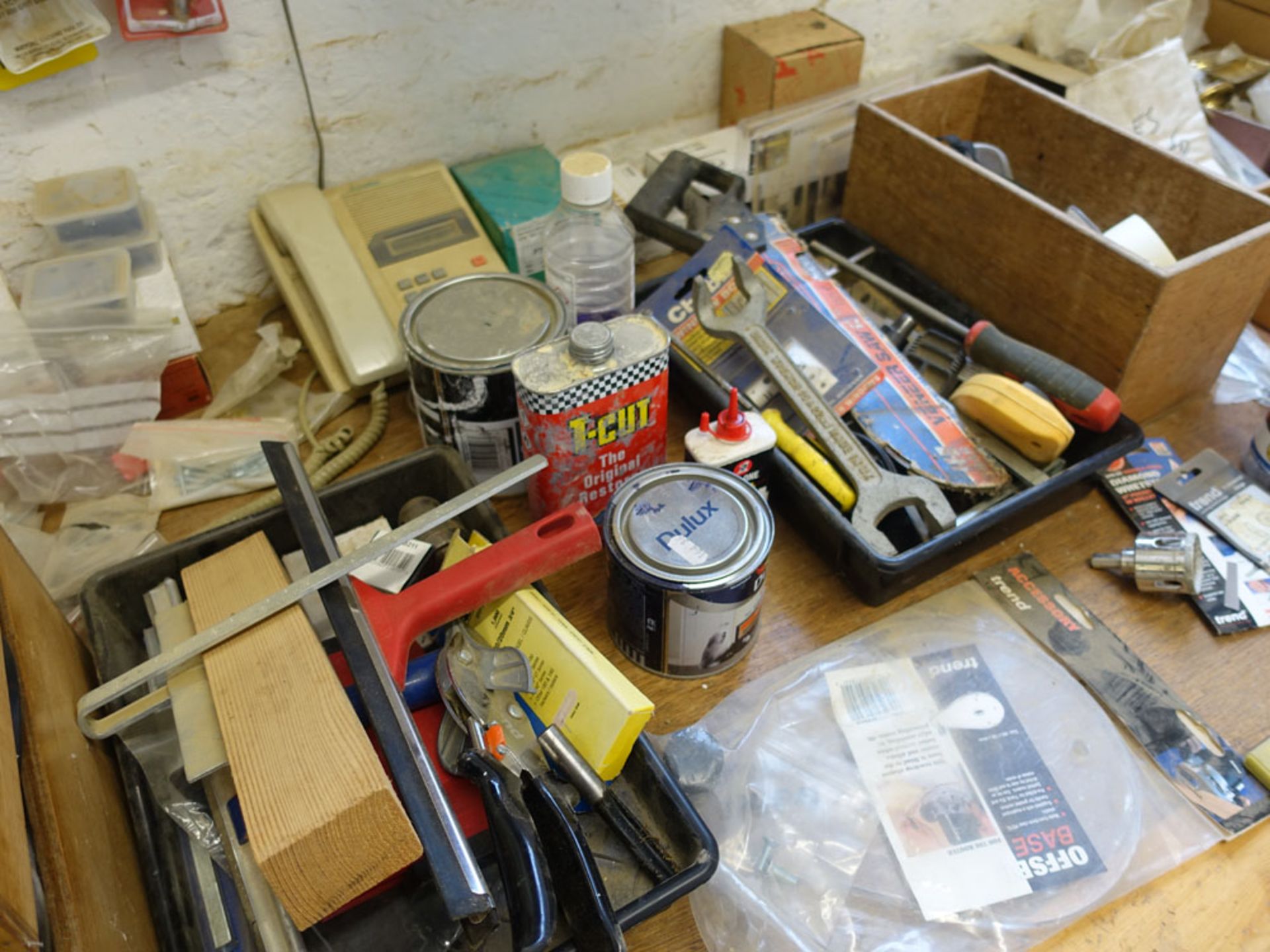 Contents of the tea room comprising folding table, first aid cabinet, Hotpoint microwave, etc