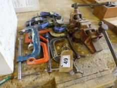 Various Irwin quick grips, Record and other G clamps and a pair of floorboard cramps
