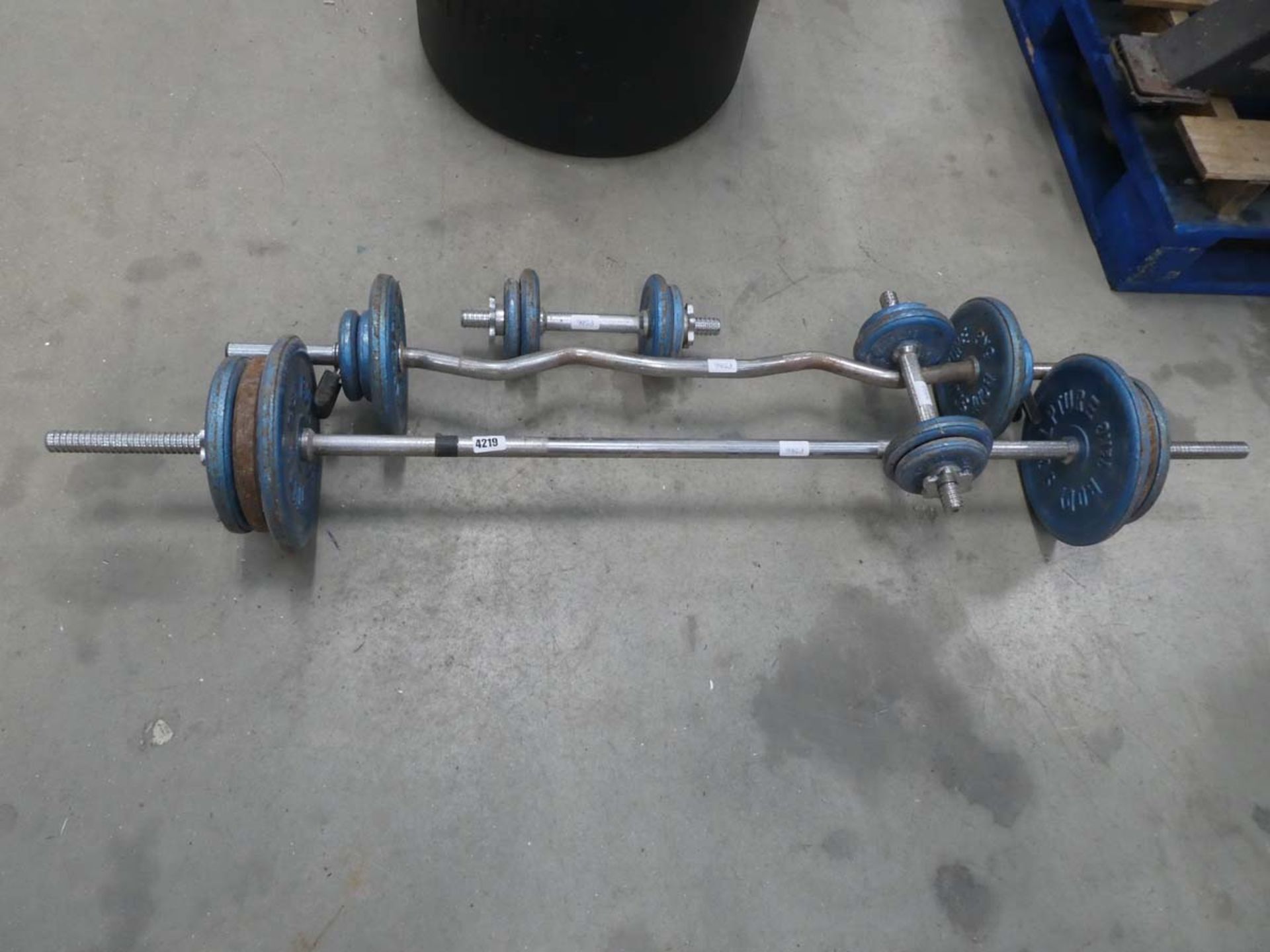 Dumbbells plus two bar bells with weights