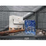 Cage containing a dragon patterned walking stick, wooden mask, glass vase and a miniature chest of 3