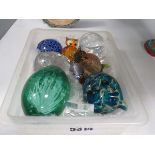 Box containing ornamental glass owls and paperweights