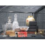 Cage containing a floral decorated vase, cased cutlery and brush sets plus decanters and metal